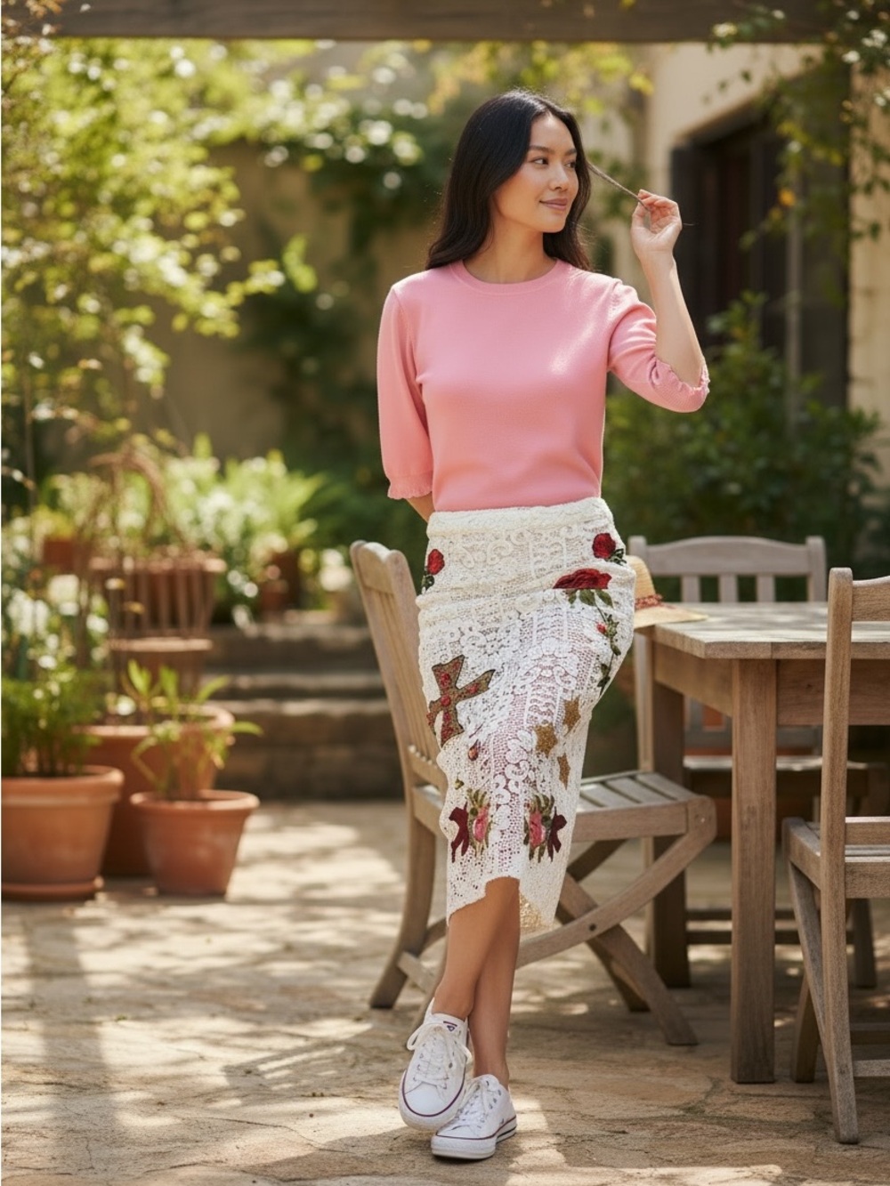 L'ATISTE White Lace Midi Skirt and Floral Embroidery